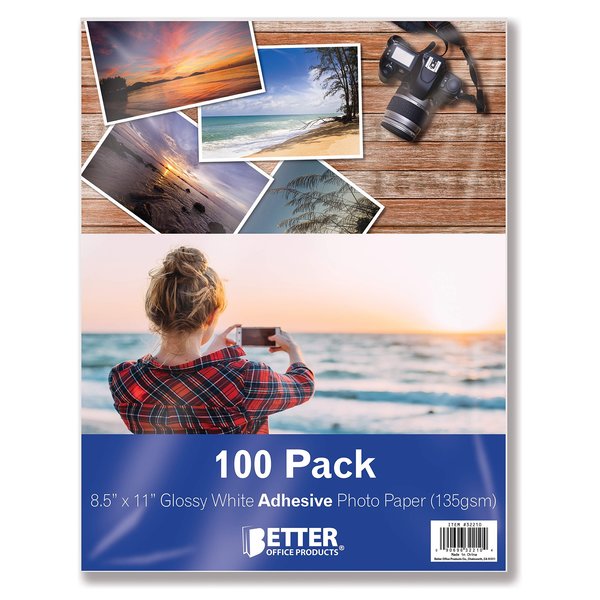 Better Office Products Self-Adhesive Photo Paper, Glossy, 8.5 x 11 Inch, 100 Sheets, 135 gsm, Letter Size, 100PK 32210